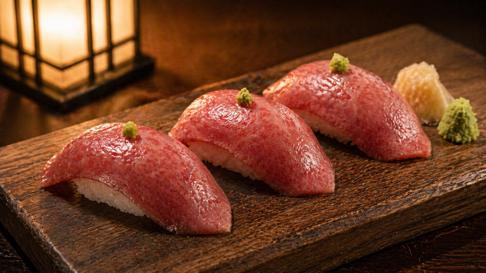 Seared halal wagyu nigiri sushi with wasabi and ginger