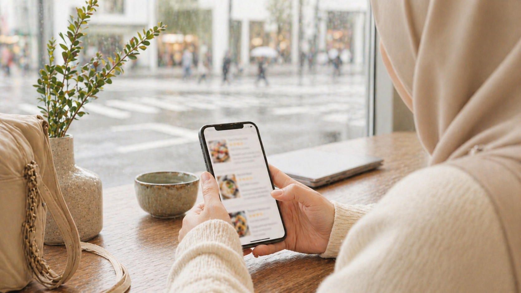 Traveler checking halal restaurant information on a smartphone