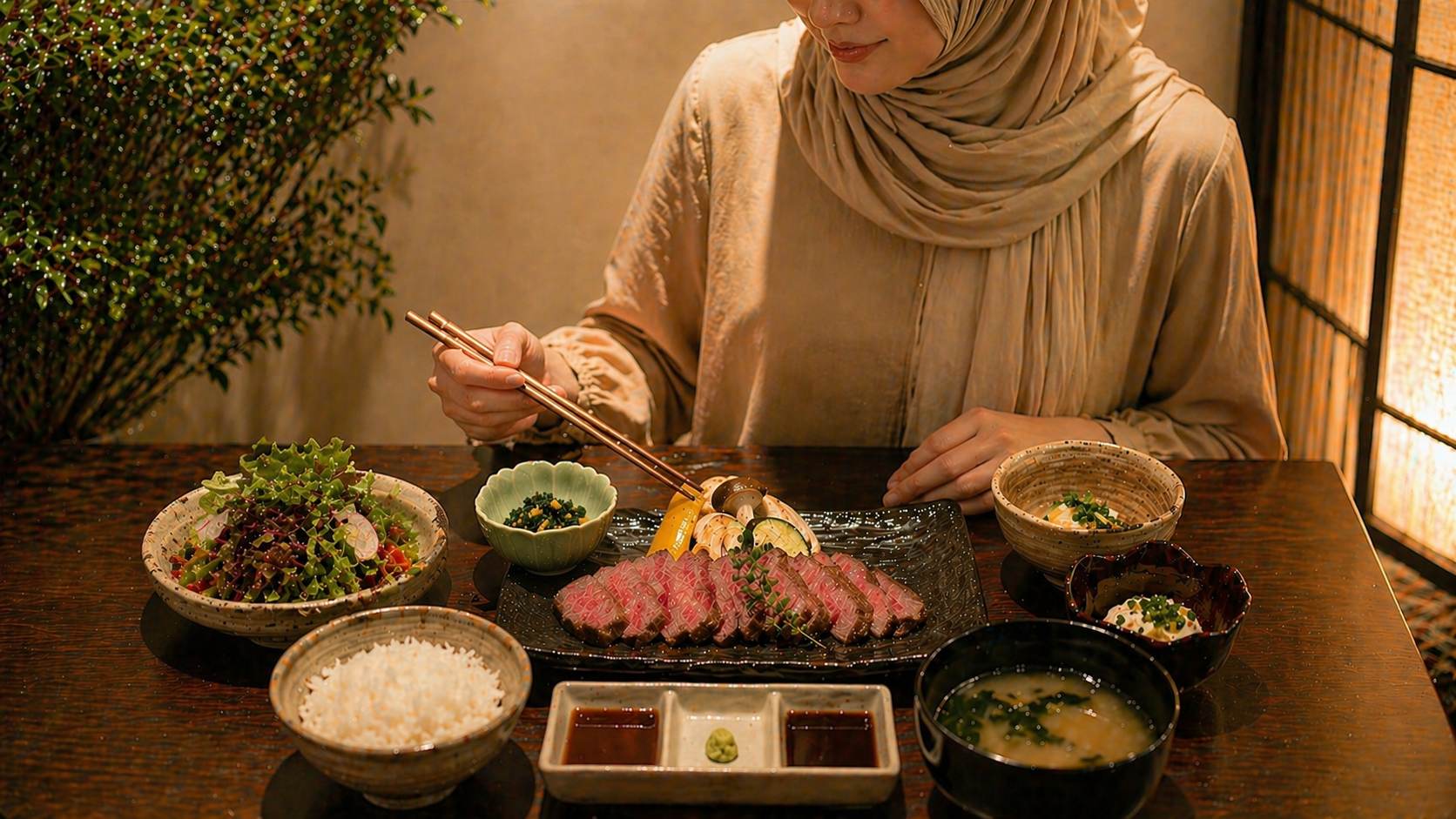 Beautifully presented halal wagyu course meal