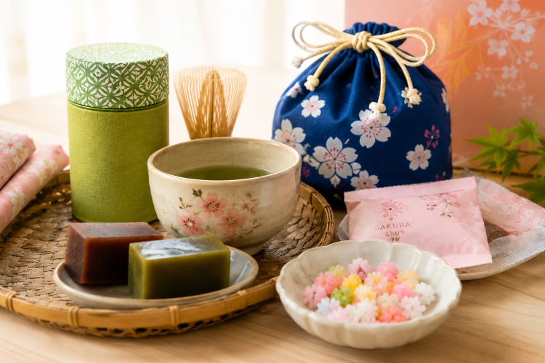Yokan red bean jelly and green tea in a gift box
