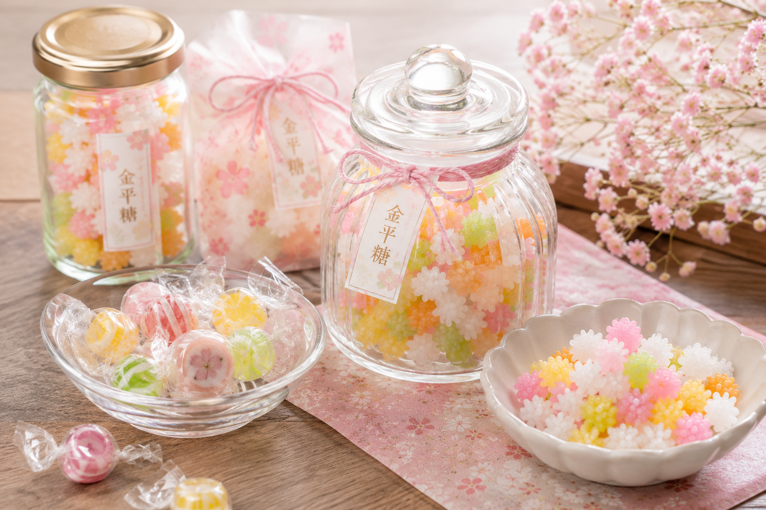Permen gula konpeito warna-warni dan permen keras Jepang dalam toples kecil dan pouch
