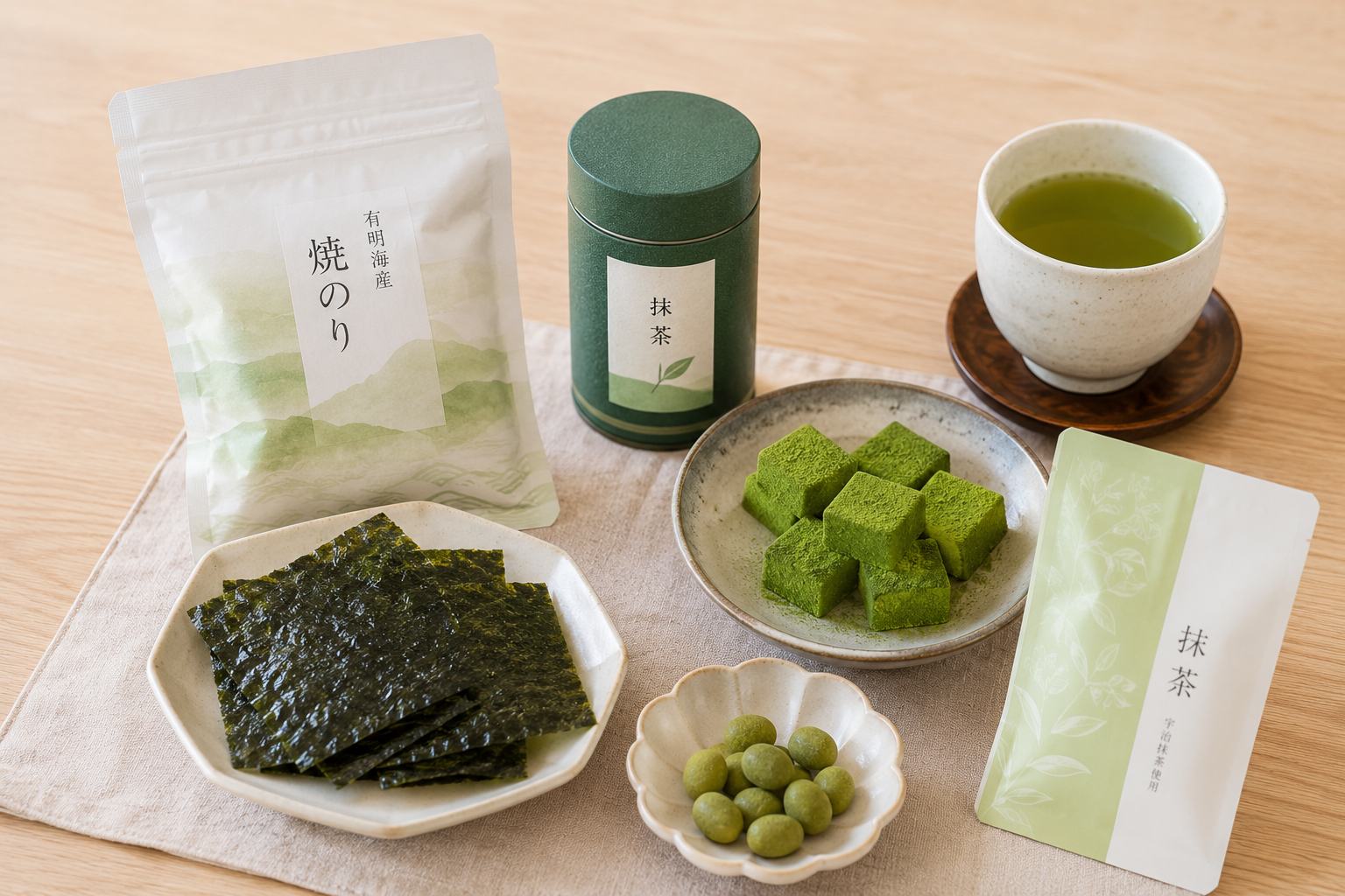 Nori panggang, bubuk matcha, dan kudapan matcha ditata bersama