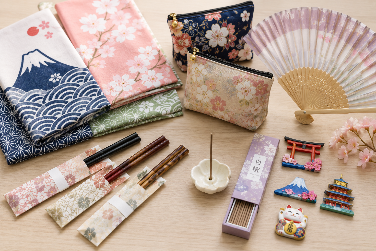 Kain tenugui, pouch bermotif Jepang, sumpit, kipas lipat, dan dupa