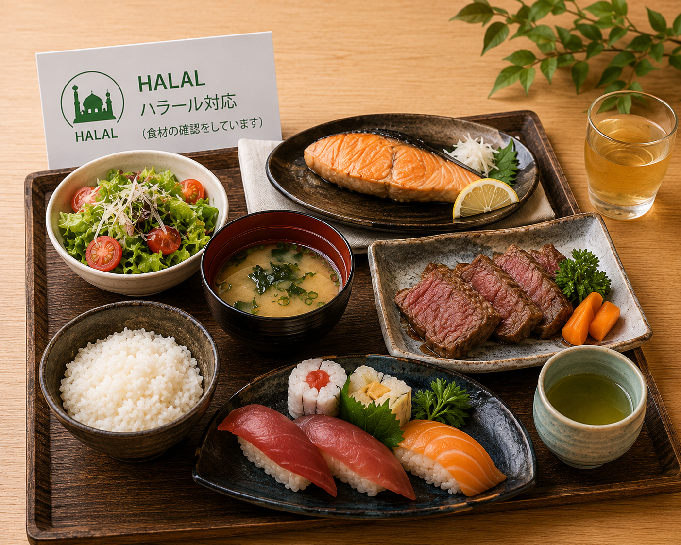 Halal-certified Japanese set meal with grilled fish, sushi, beef, and miso soup