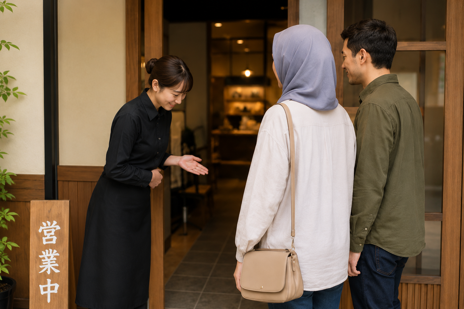 Muslim traveler couple being welcomed by staff at a Japanese restaurant