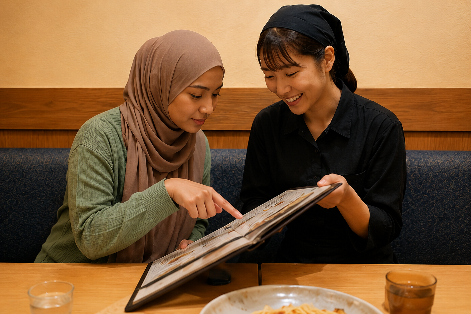 Muslim woman in hijab pointing at a menu while staff helps her choose