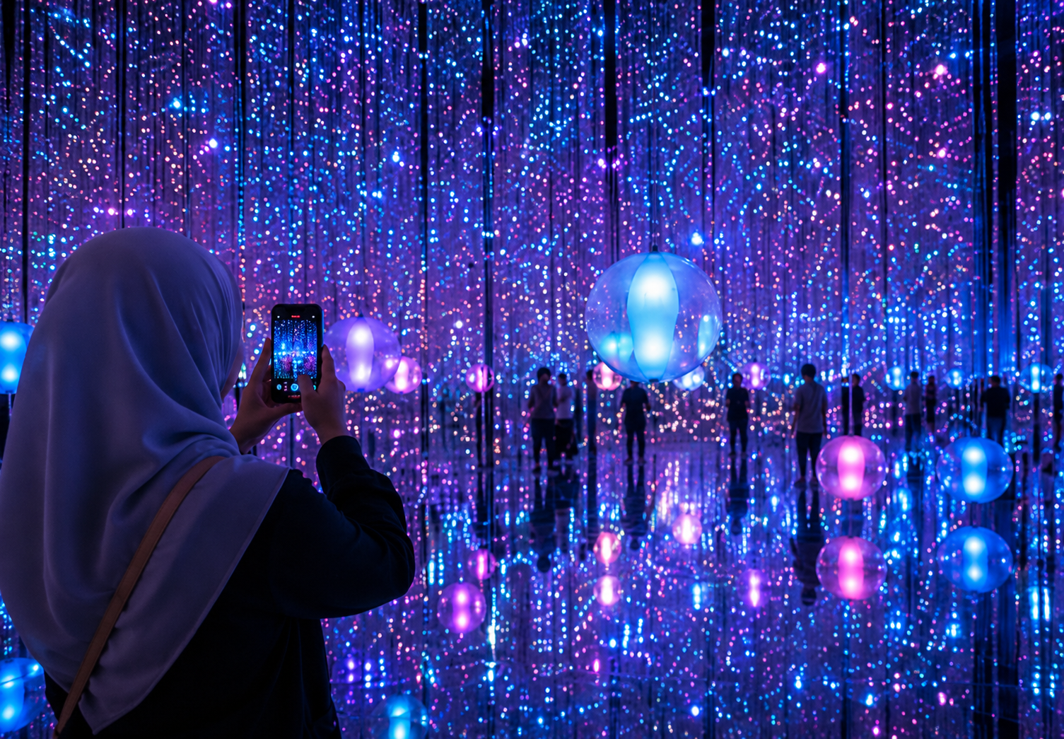 A Muslim woman photographing the dreamlike light installation at teamLab Planets
