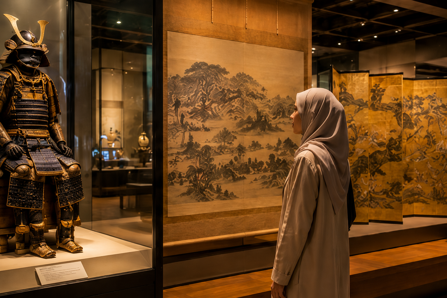 A Muslim woman viewing samurai armor and traditional Japanese paintings at the Tokyo National Museum