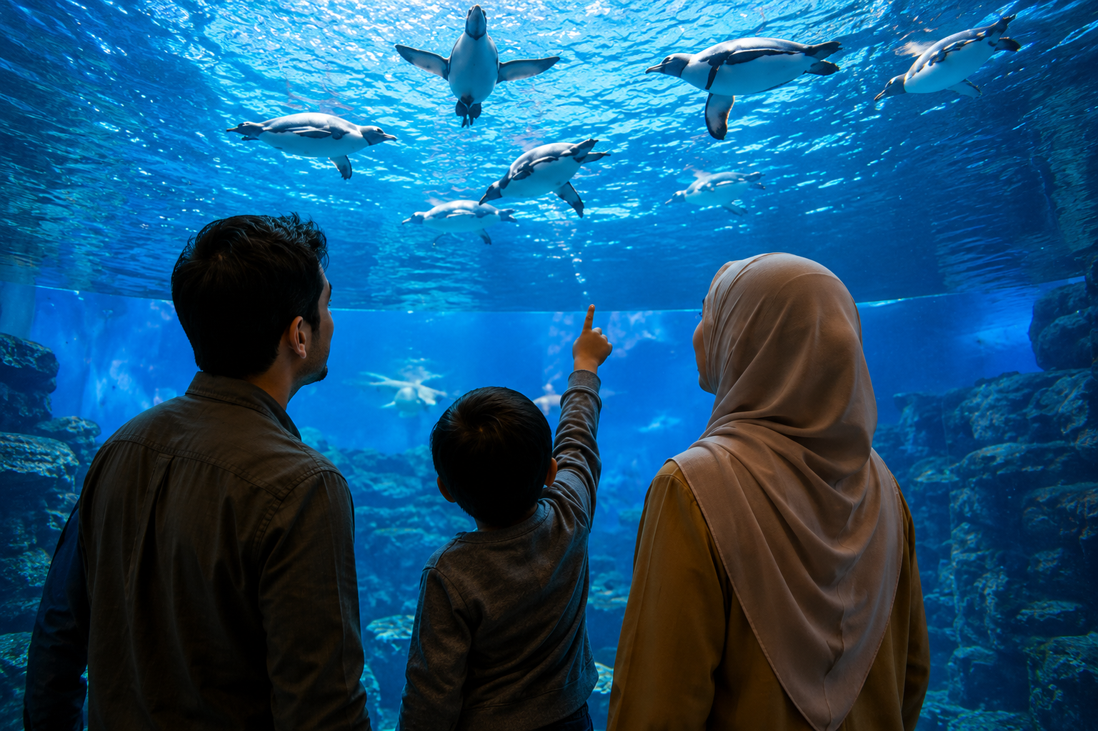 A Muslim family looking up at penguins swimming overhead at Sunshine Aquarium