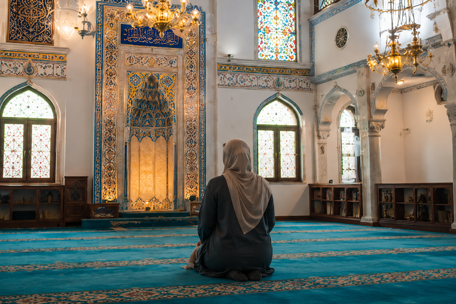 A Muslim woman praying peacefully inside a beautiful Tokyo mosque