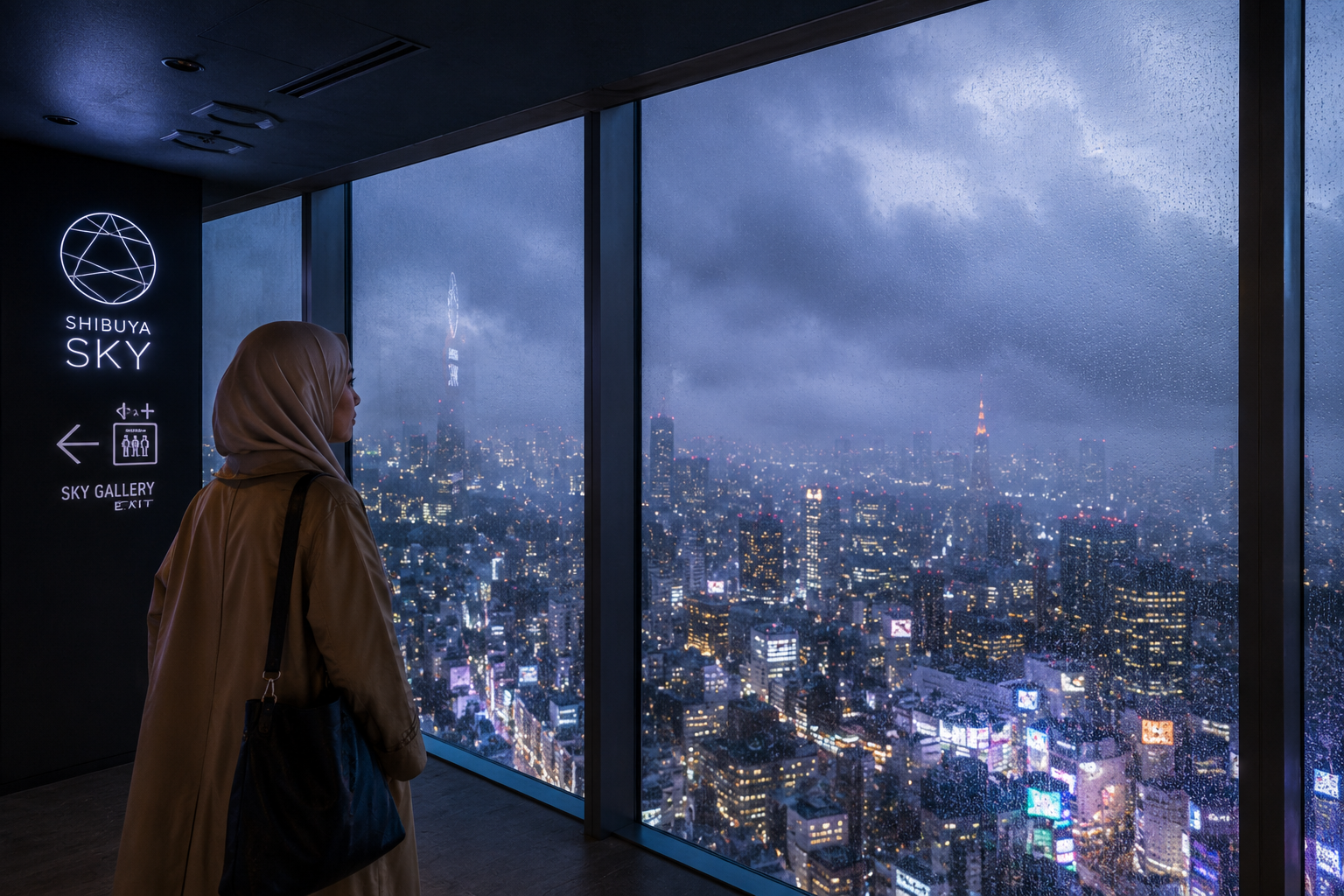 A Muslim woman gazing at the rainy Shibuya night skyline from the indoor SHIBUYA SKY gallery