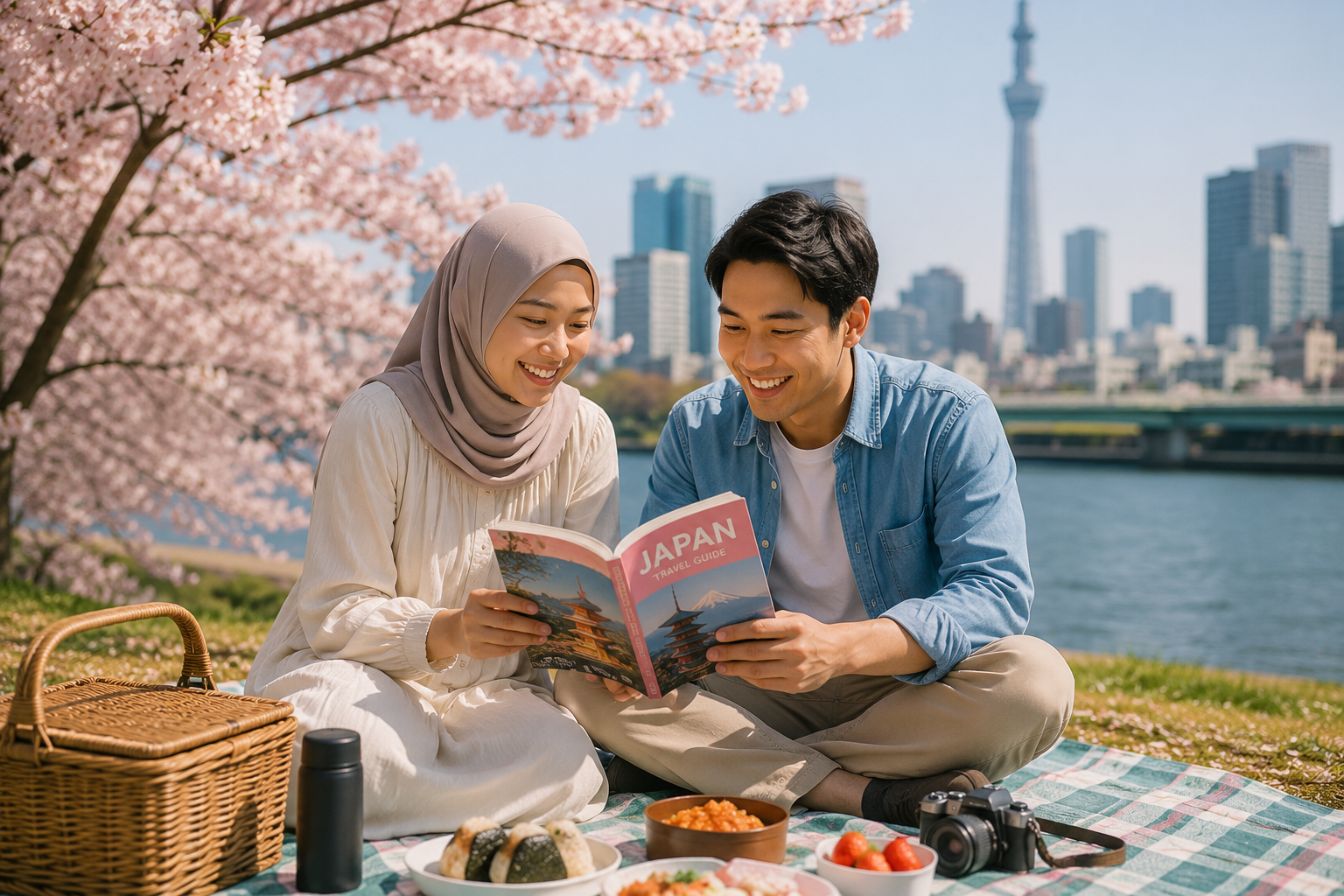Couple reading Japan guidebook with cherry blossoms and Skytree
