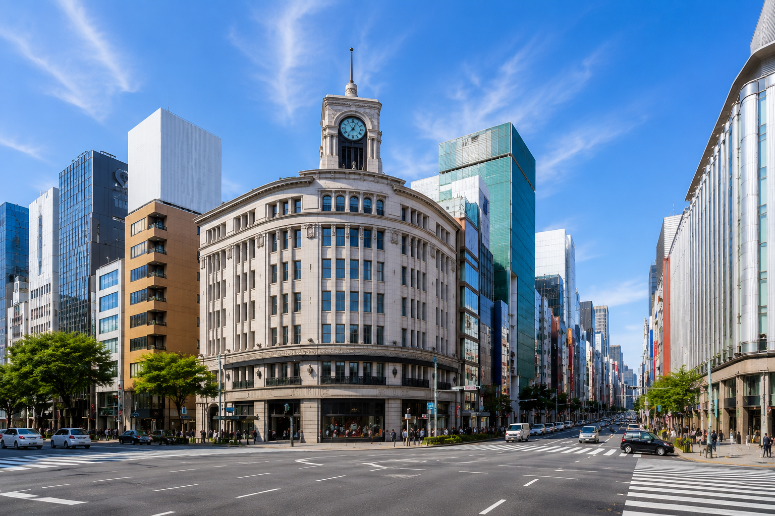 Ginza Wako clock tower and streetscape