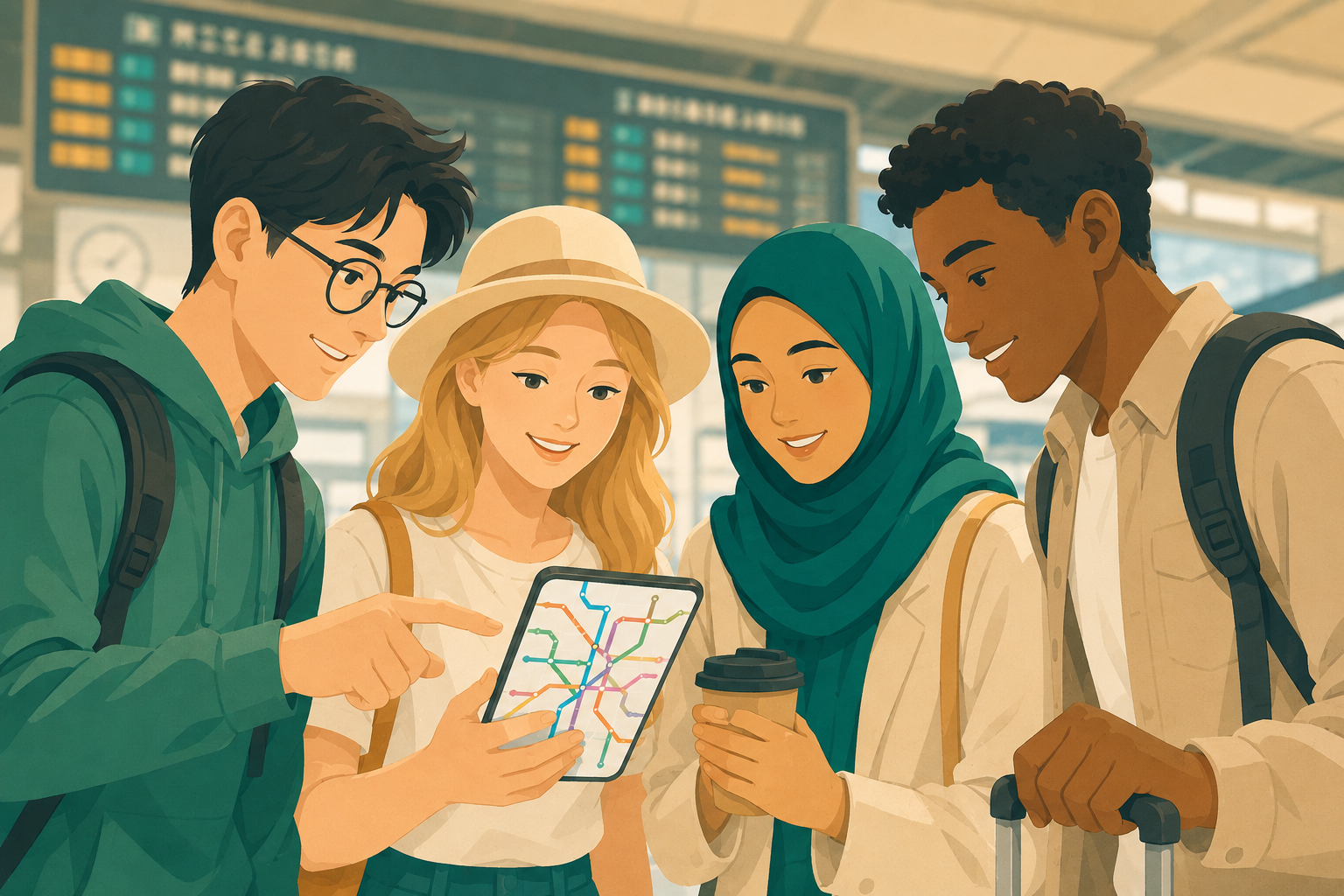 A group of travelers checking their route on a transit app's color-coded map at a station