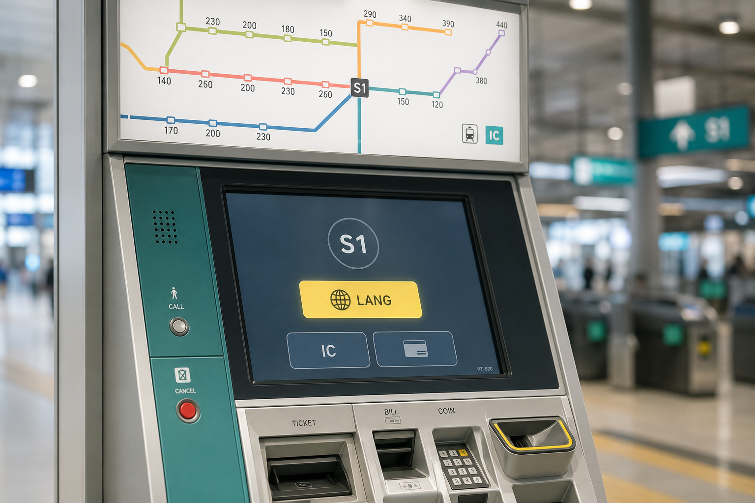 A Japanese ticket machine with a language-switch button and a fare map above it
