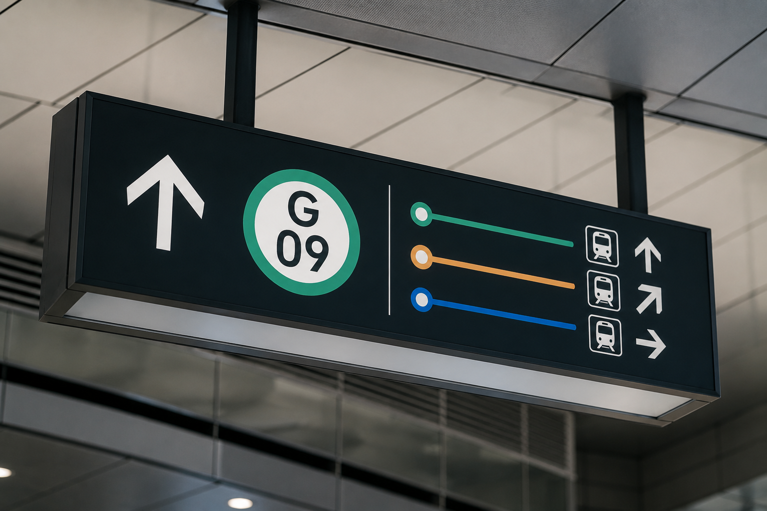 A station sign showing the station number 'G09' with its line color and direction arrows
