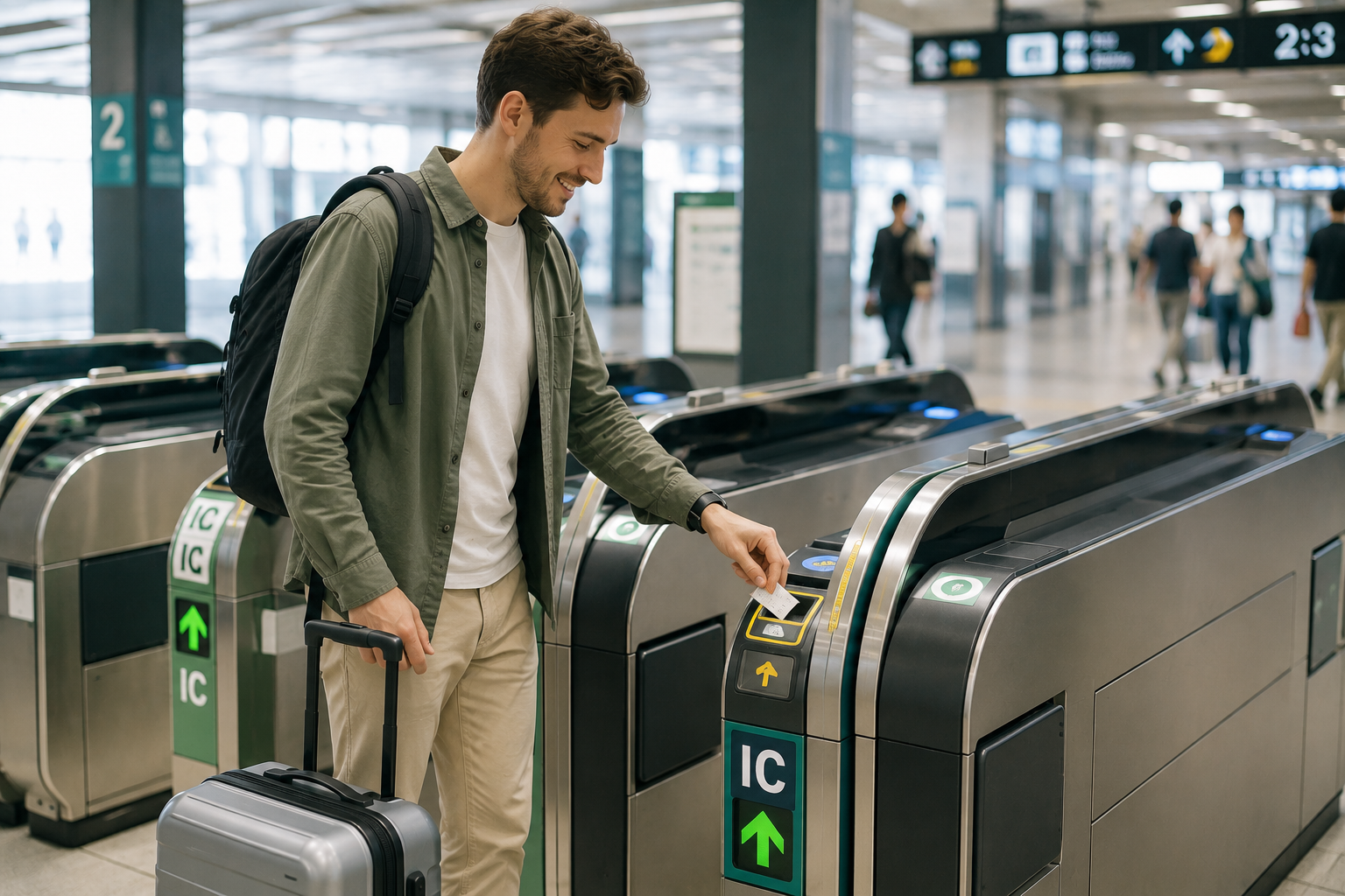 A traveler going through a Japanese automatic ticket gate by inserting a ticket