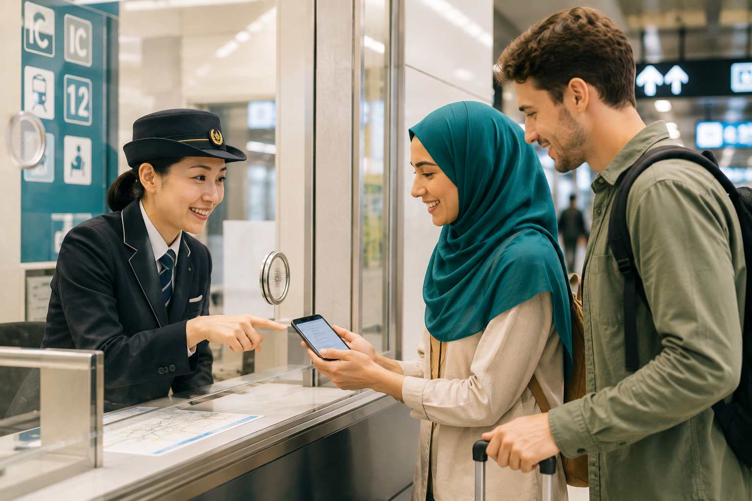 A traveler asking station staff at a window while showing their phone screen