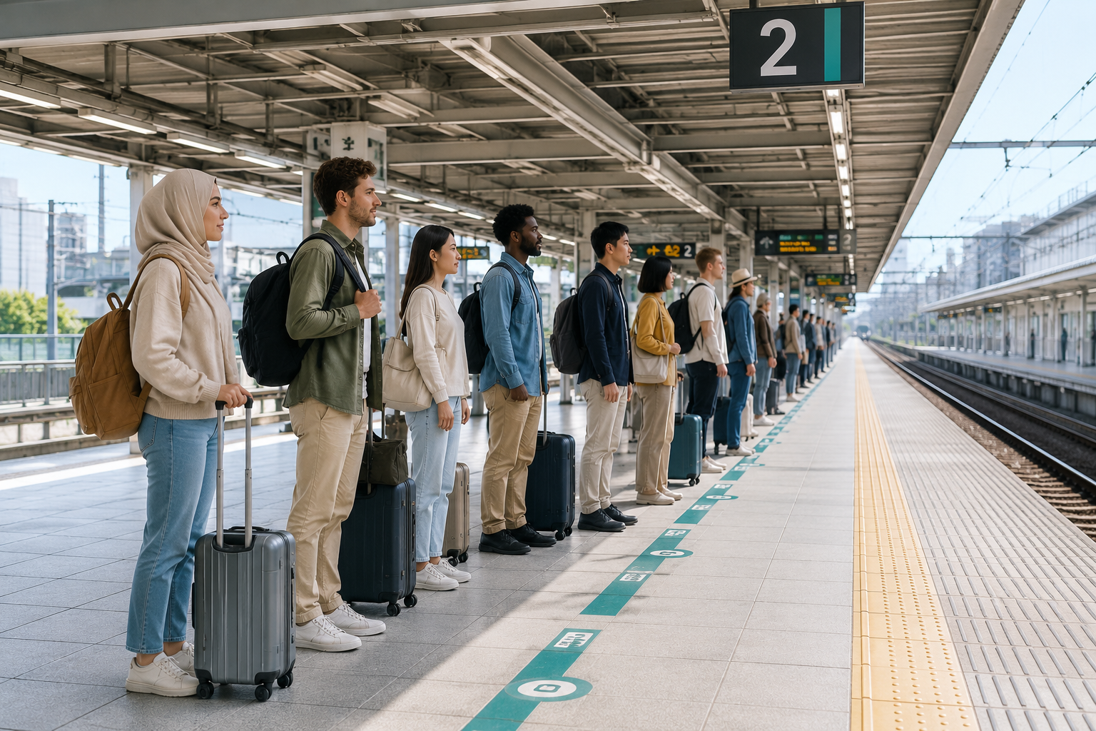 Travelers waiting in a neat line along the floor markings on the platform