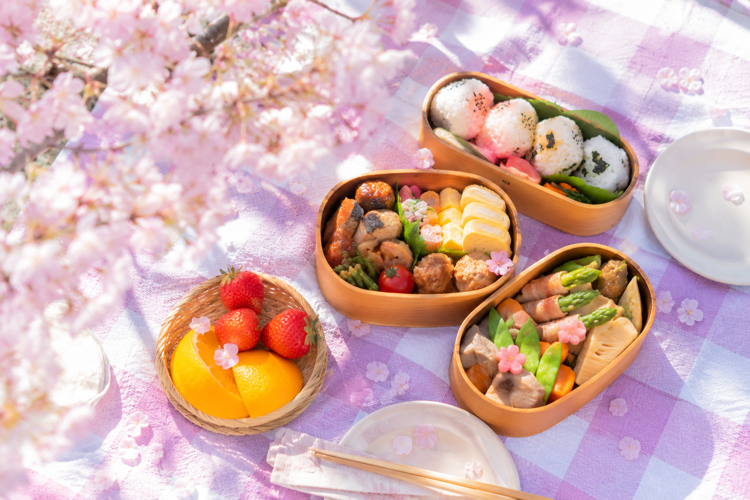 A picnic lunch box and fruit spread out beneath cherry blossoms