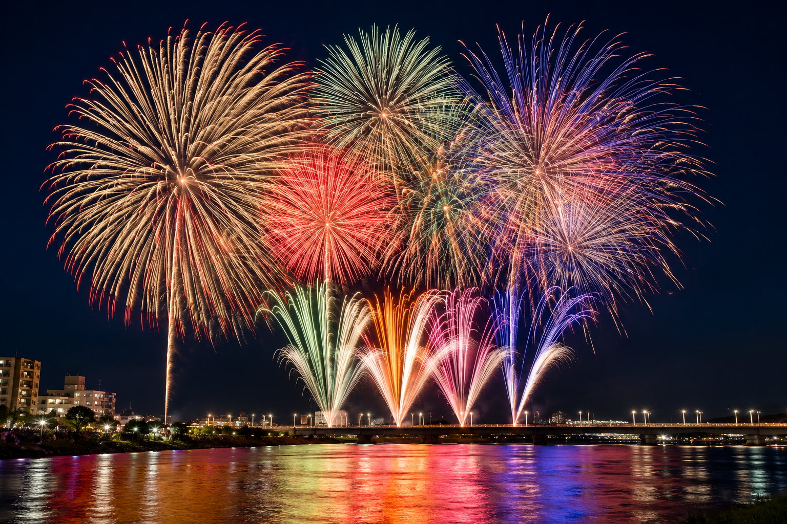 Large fireworks opening across the night sky in Japan