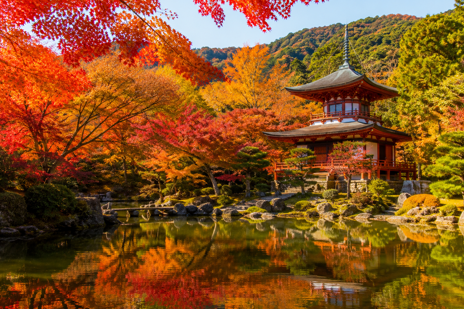 A temple and Japanese garden in autumn colors, leaves reflected in a pond