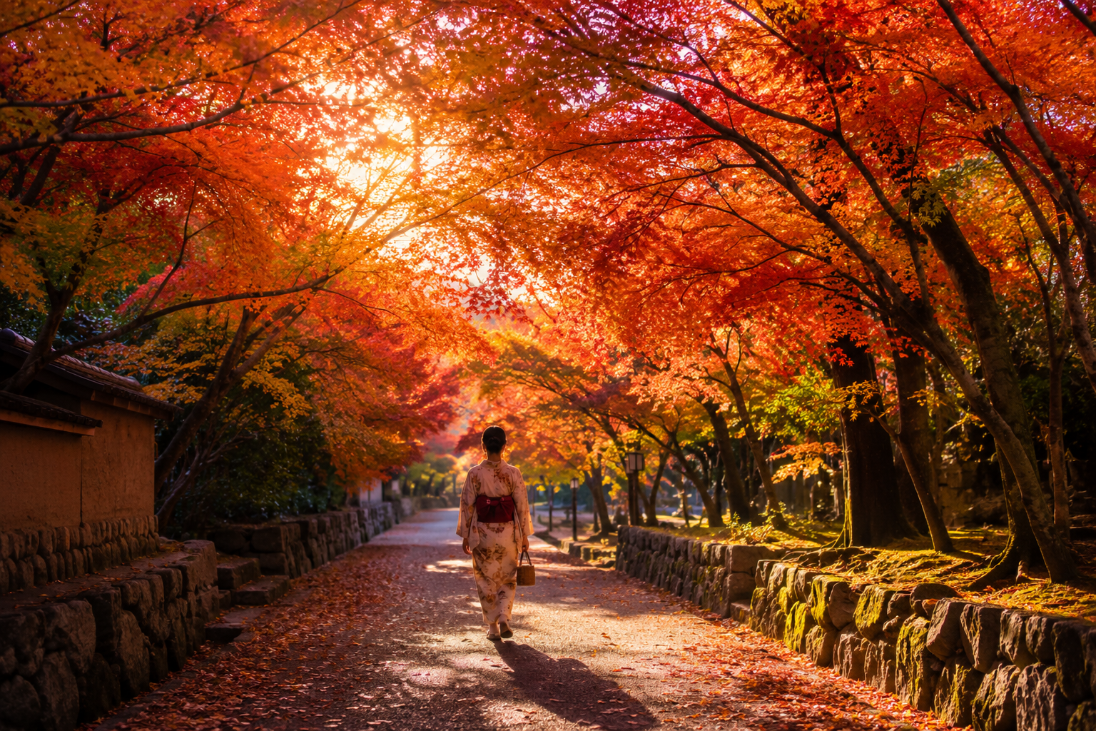 A person walking along a temple path beneath a tunnel of autumn leaves
