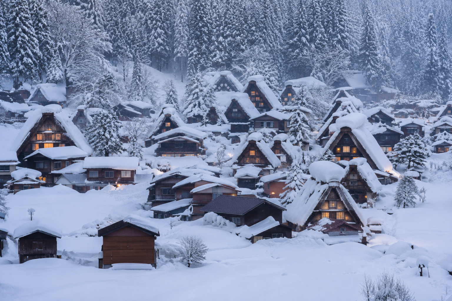 A village of steep thatched-roof houses covered in snow