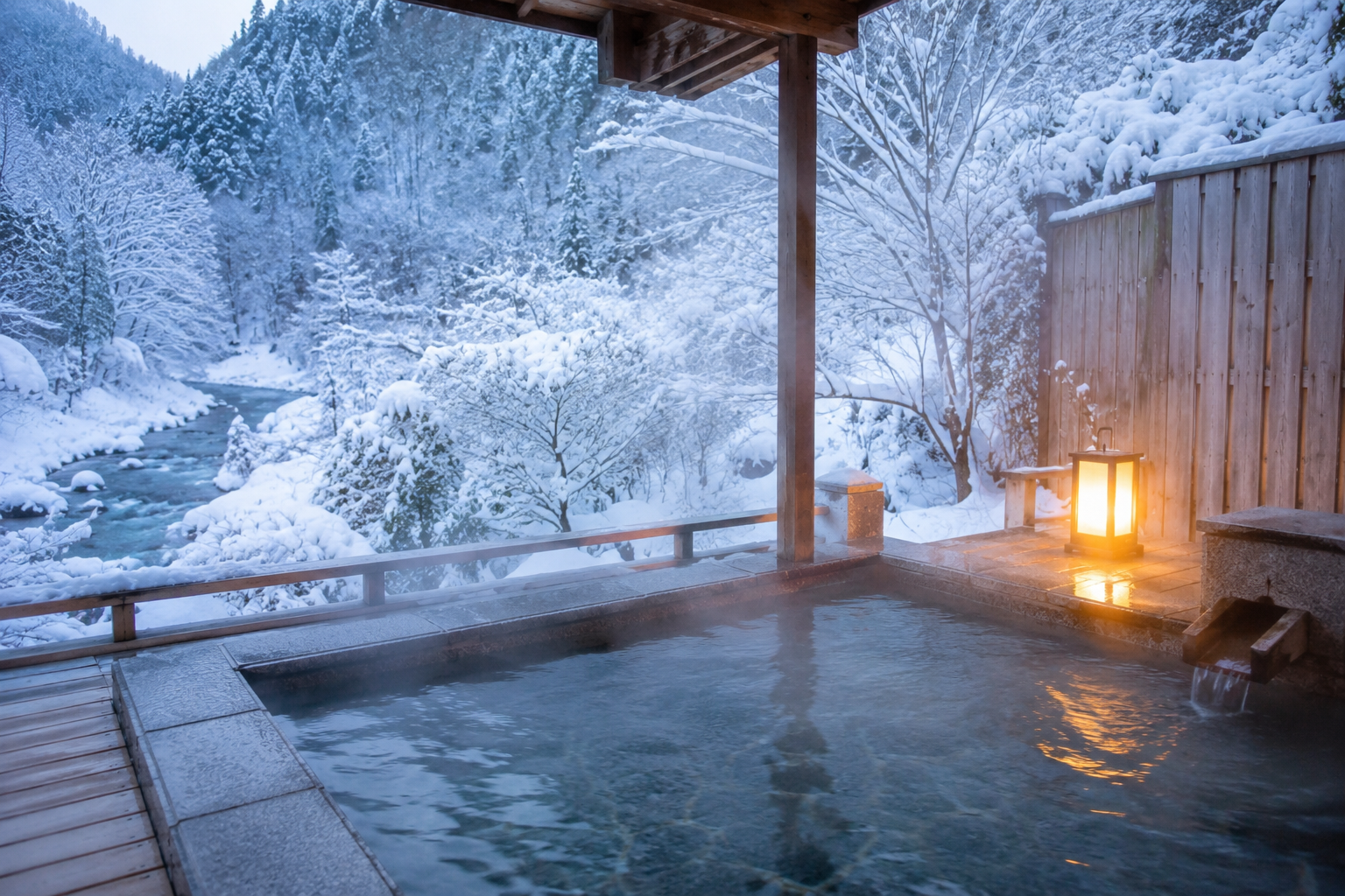 An open-air hot spring with lanterns, overlooking a snowy landscape