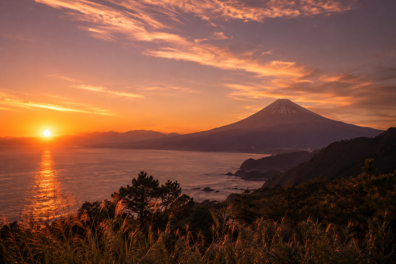 The silhouette of Mt. Fuji and the sea at sunset