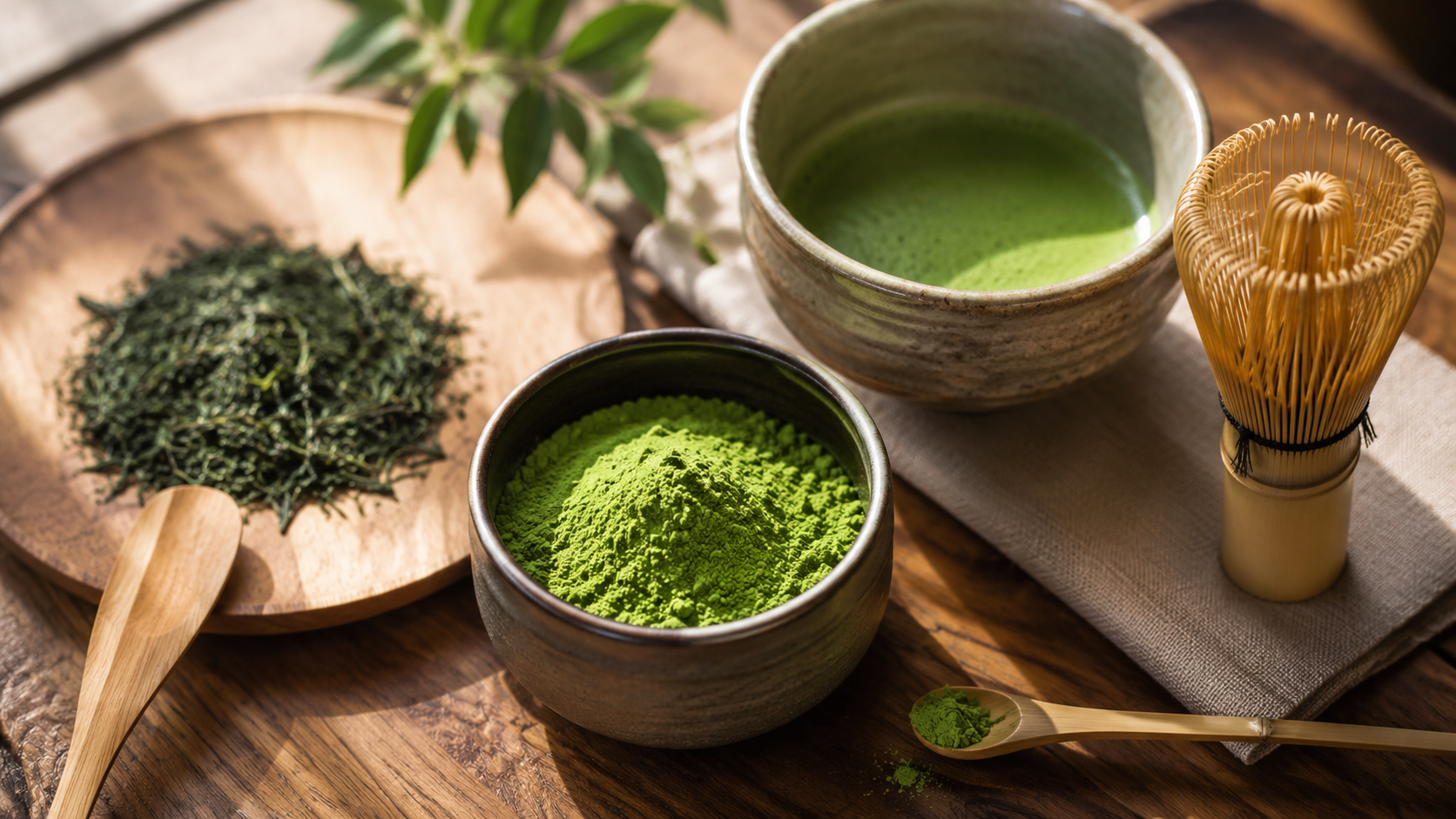 Matcha powder with tea leaves, a bamboo whisk and a tea bowl