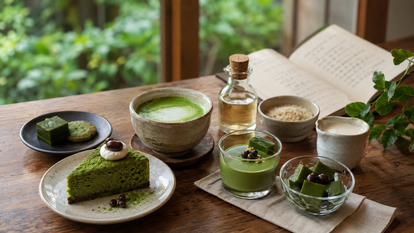 Matcha cake, mousse and jelly desserts