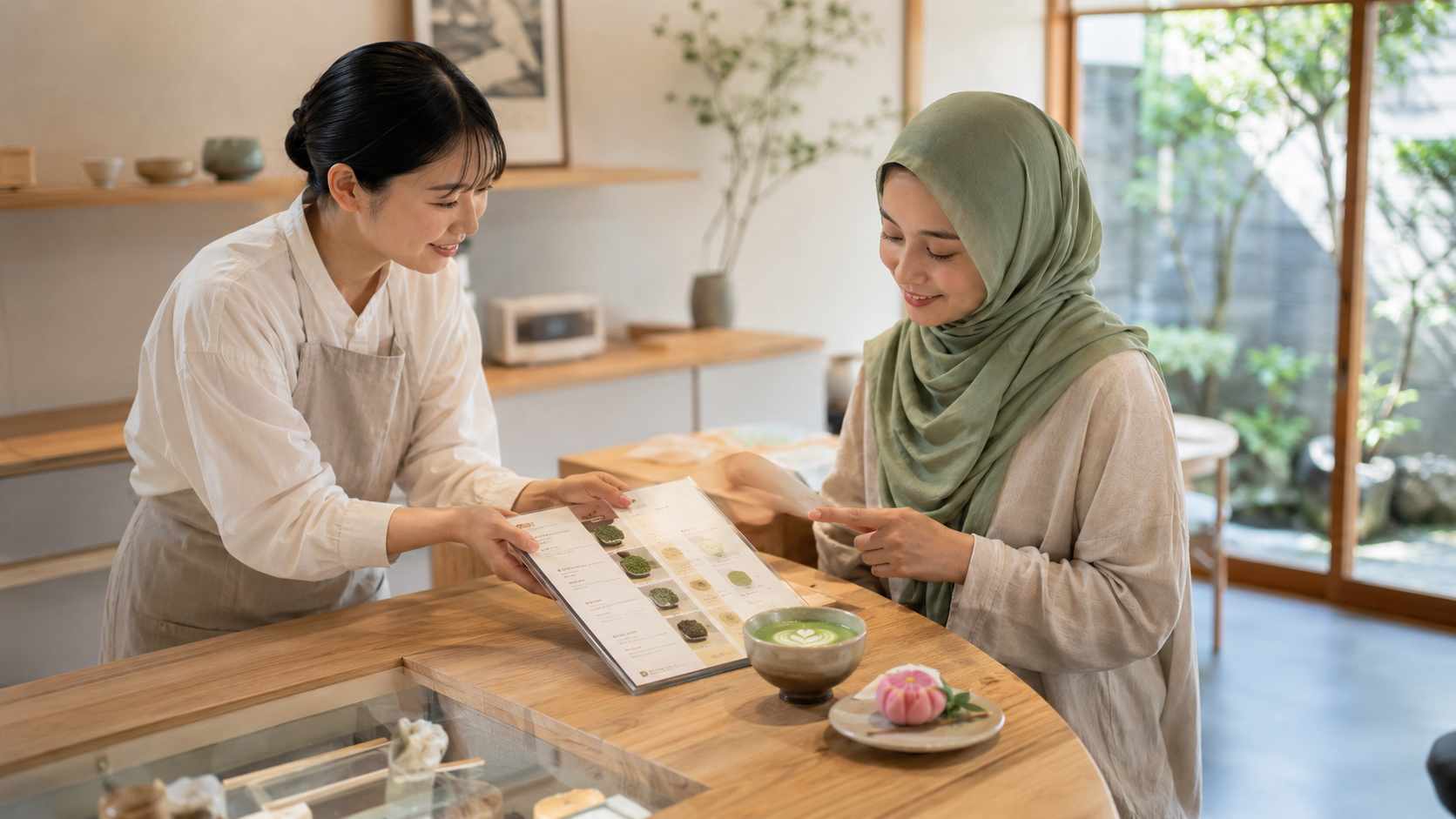 A Muslim woman checking the menu with a café staff member