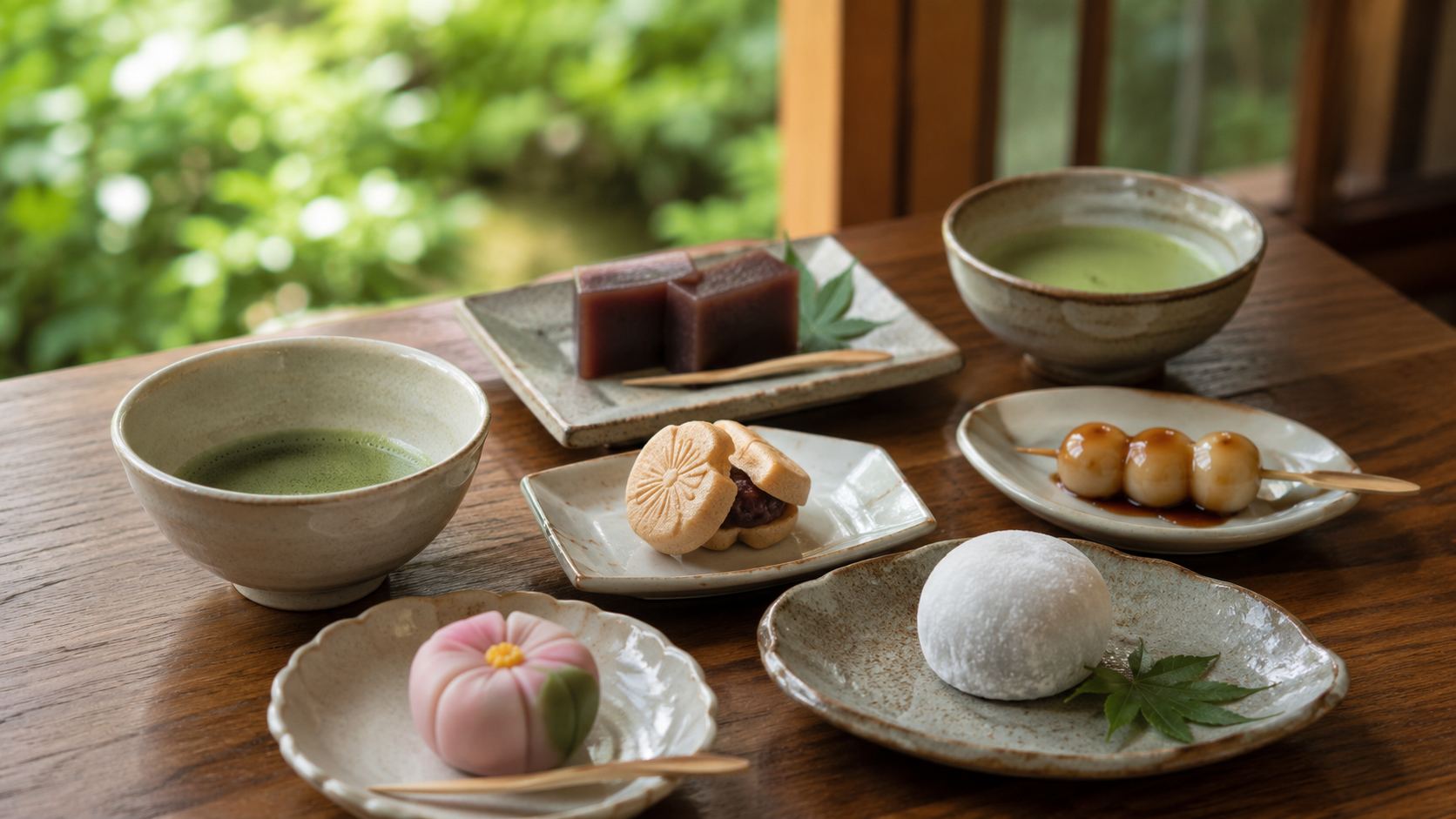 An assortment of matcha and traditional Japanese sweets