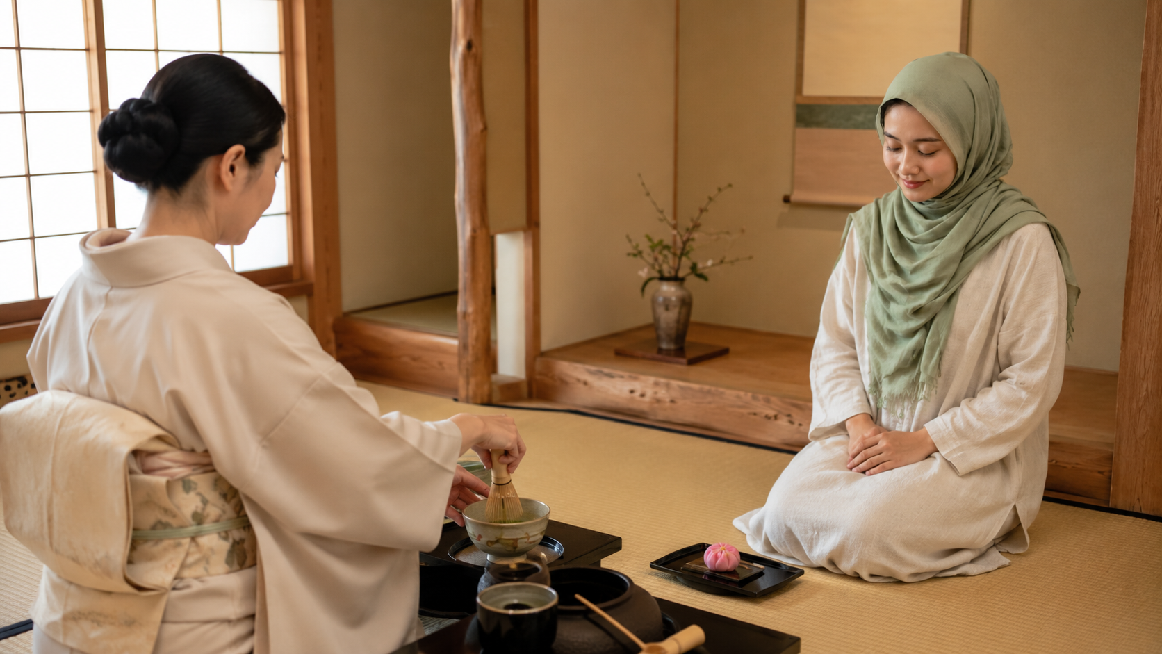 A Muslim woman enjoying a Japanese tea ceremony
