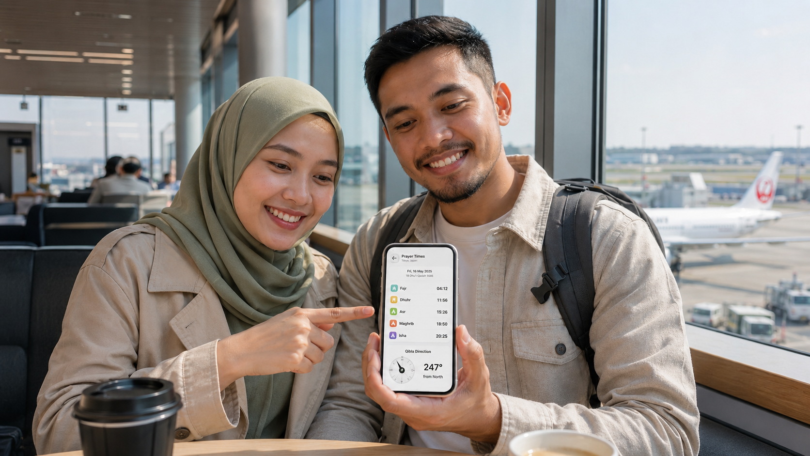Traveler Muslim mengecek waktu salat dan arah kiblat di bandara