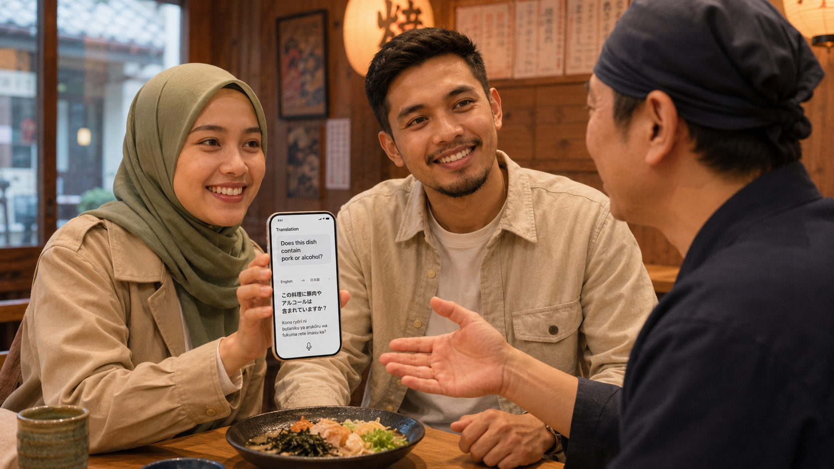 Traveler Muslim memakai aplikasi penerjemah untuk menanyakan bahan kepada staf restoran