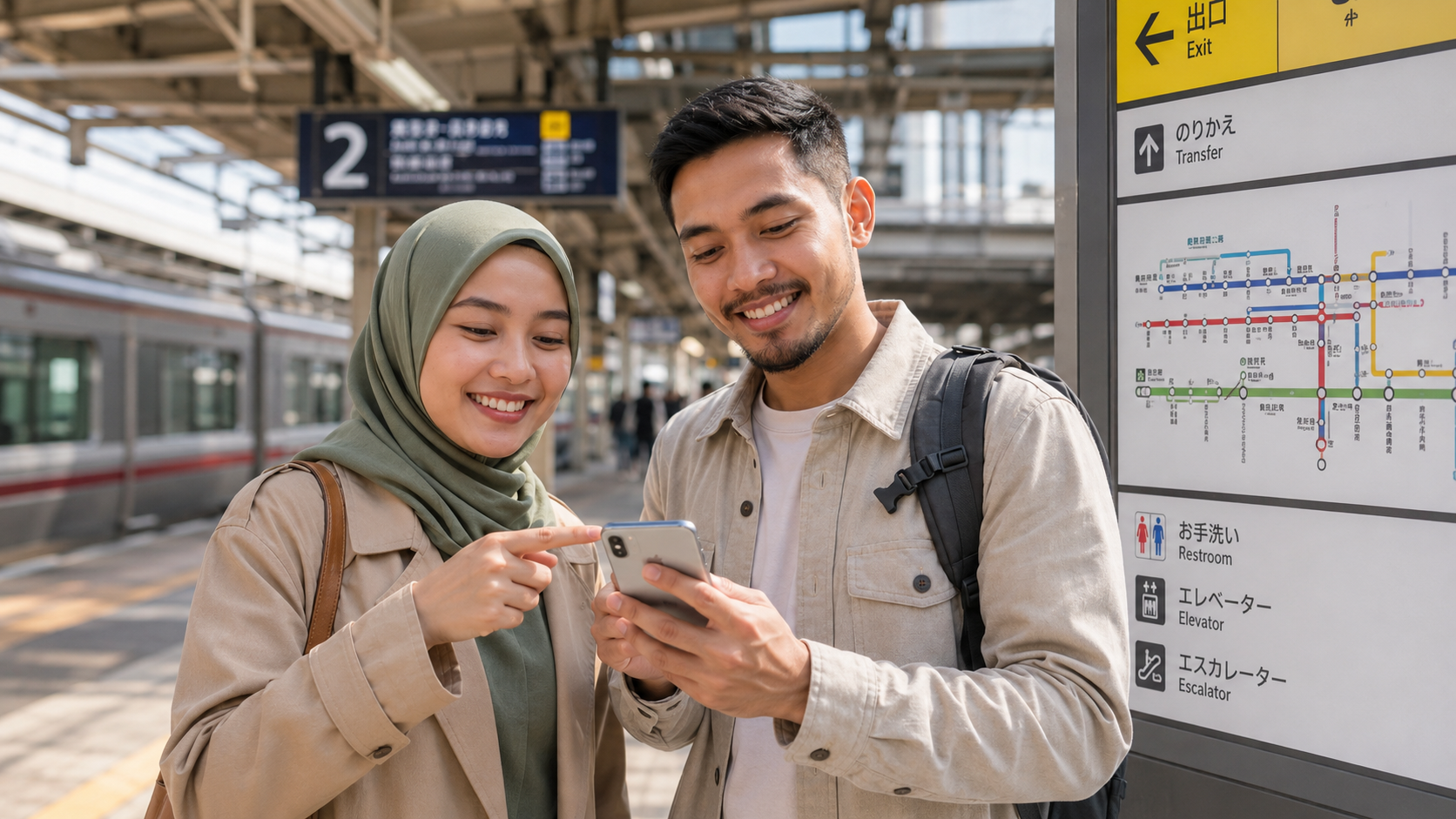 Traveler Muslim memakai aplikasi transit di peron stasiun